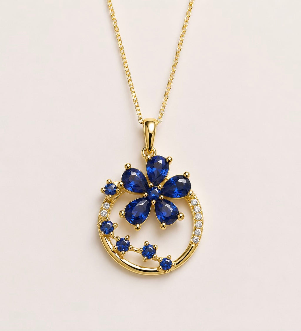 Sapphire Stone Flower Necklace 14K