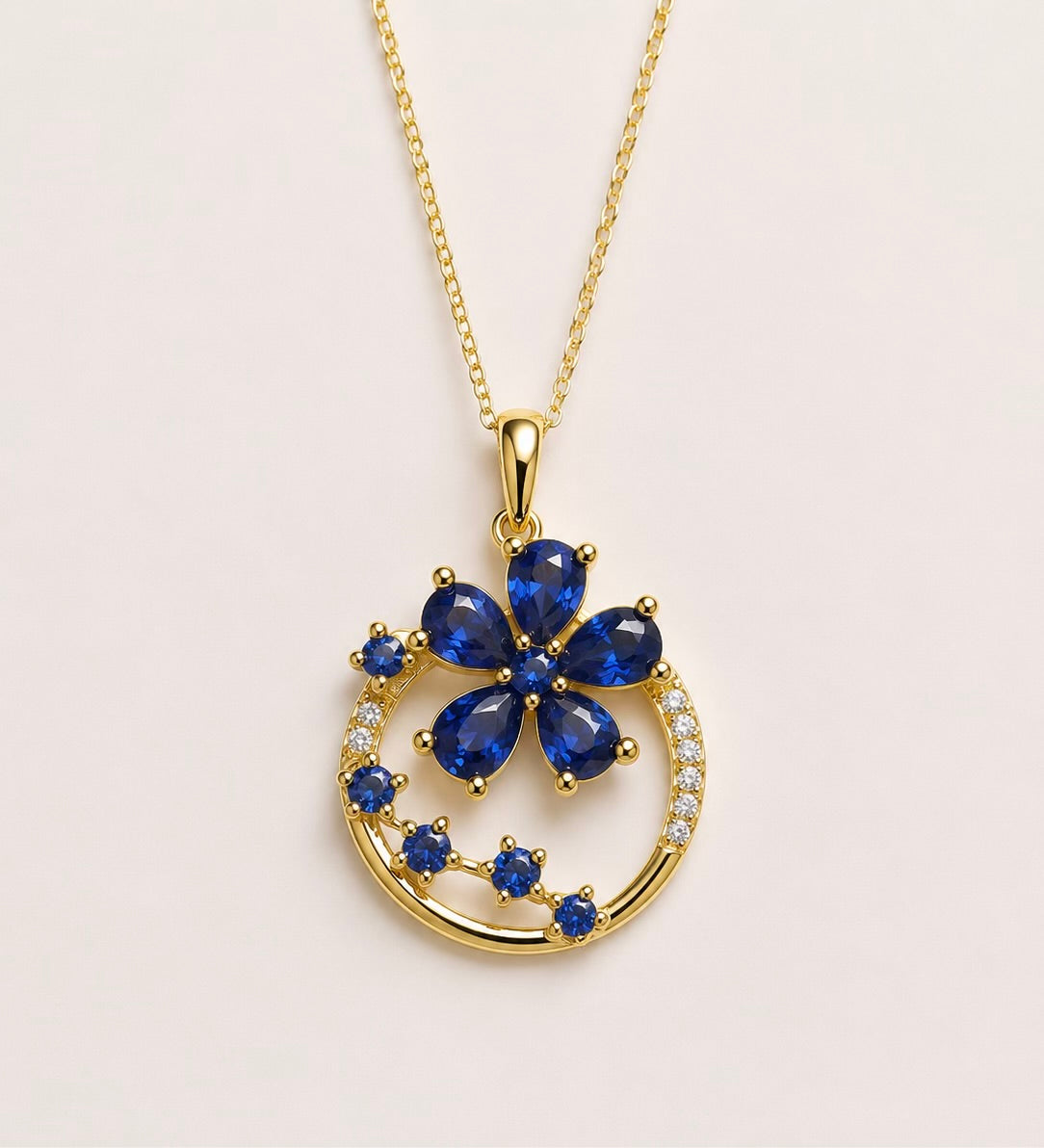 Sapphire Stone Flower Necklace 14K
