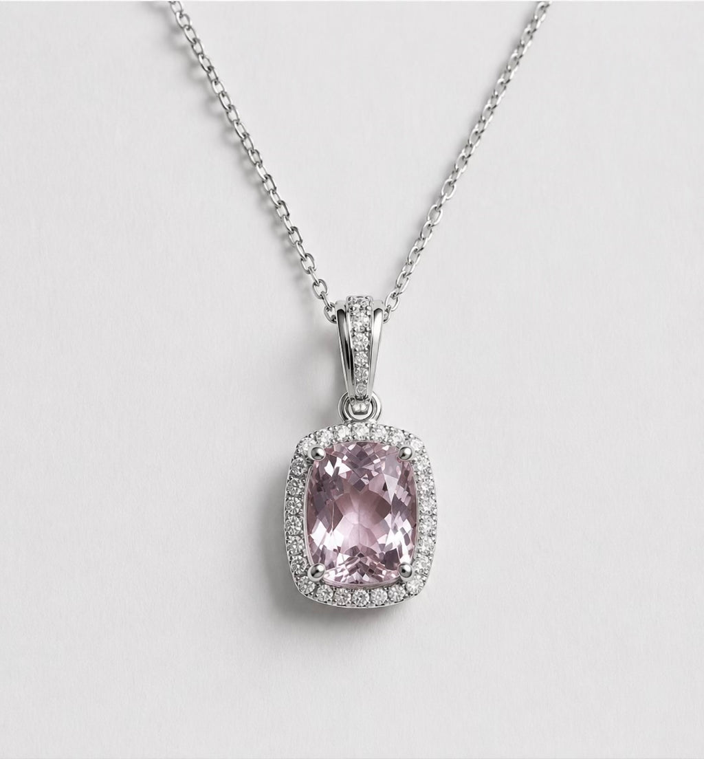 Kunzite Stone Diamonds Necklace 14KW