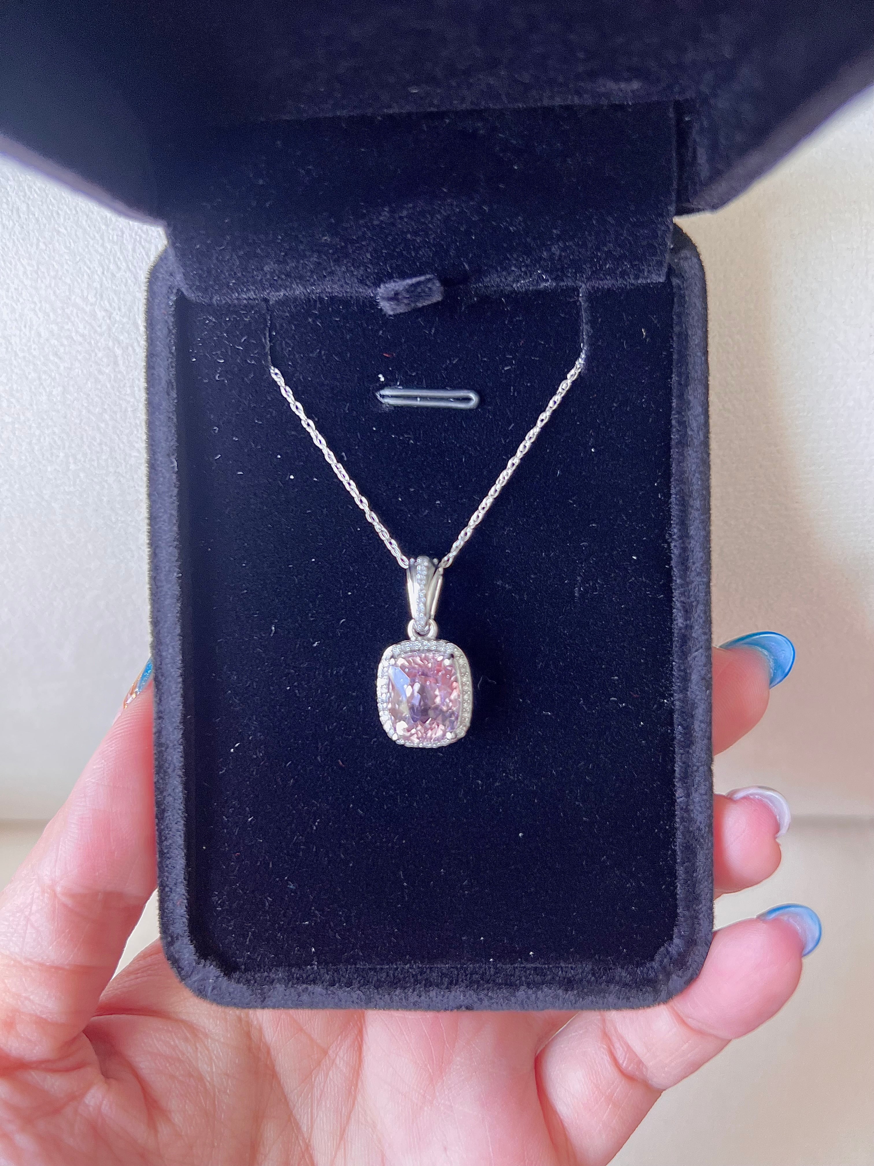 Kunzite Stone Diamonds Necklace 14KW
